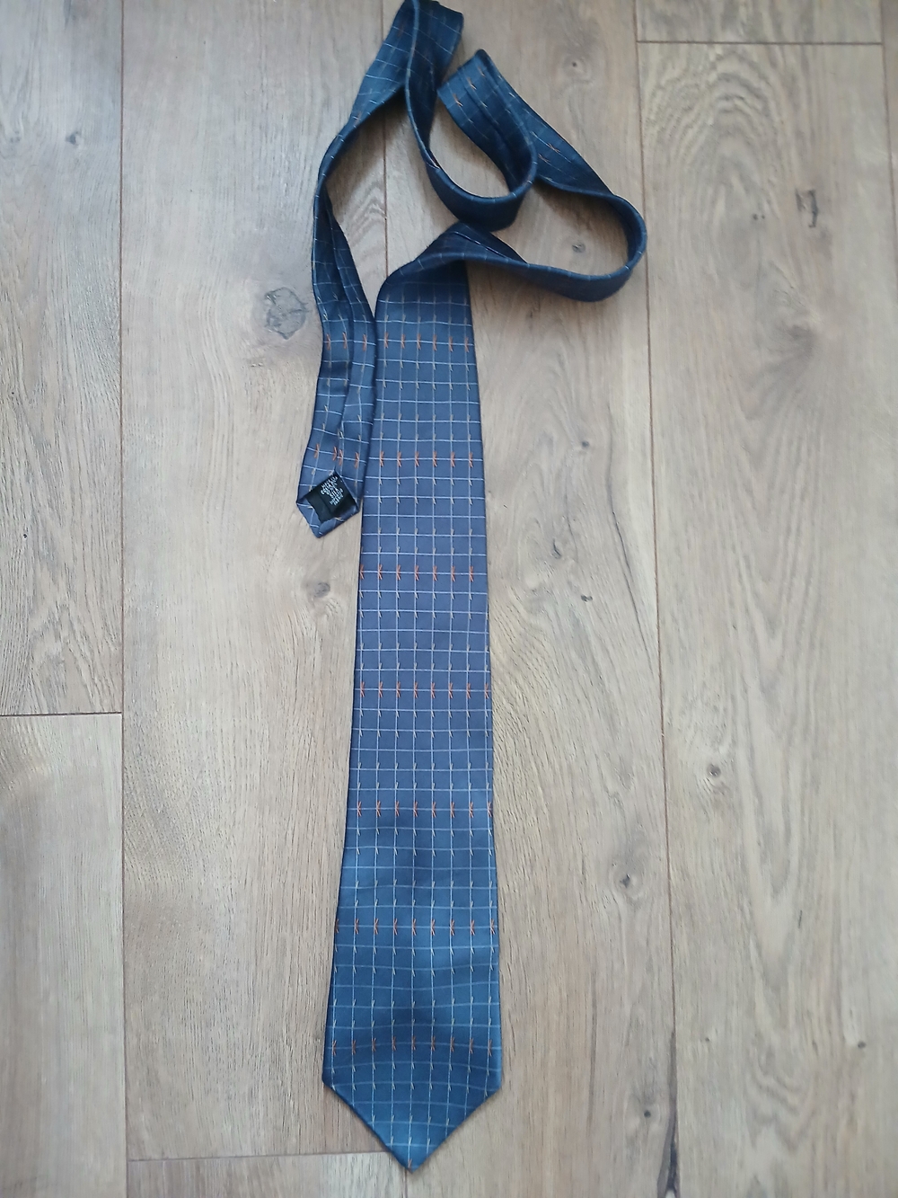 DKNY 100% Silk Tie Navy with Orange Grid Accents